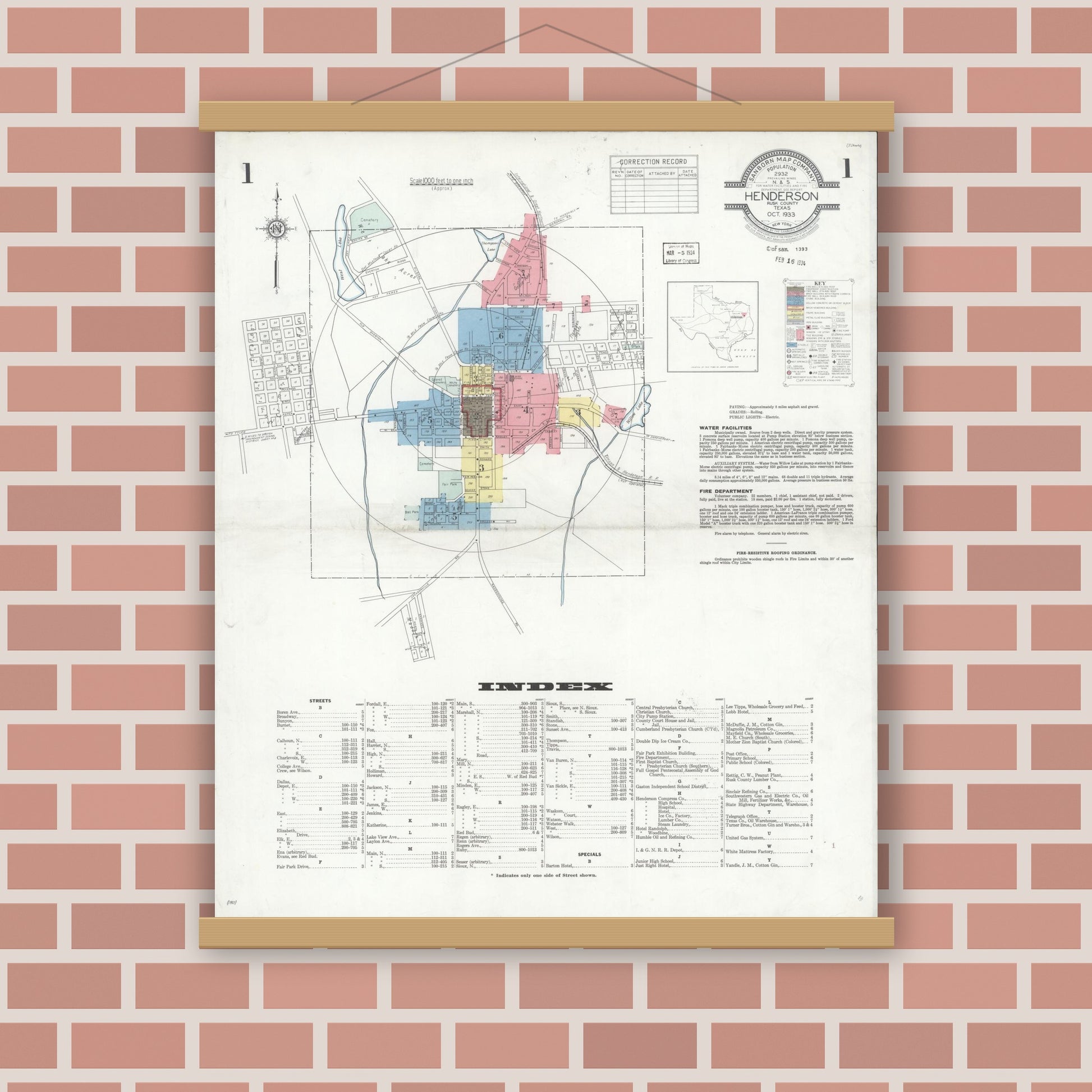 Old map wall art mockup — magnetic wood frame on brick wall — Sanborn Fire Insurance Map from Henderson, Rusk County, Texas (1933) - Complete Map Set