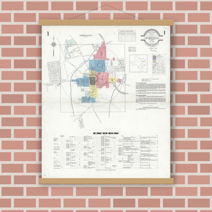 Old map wall art mockup — magnetic wood frame on brick wall — Sanborn Fire Insurance Map from Henderson, Rusk County, Texas (1933) - Complete Map Set
