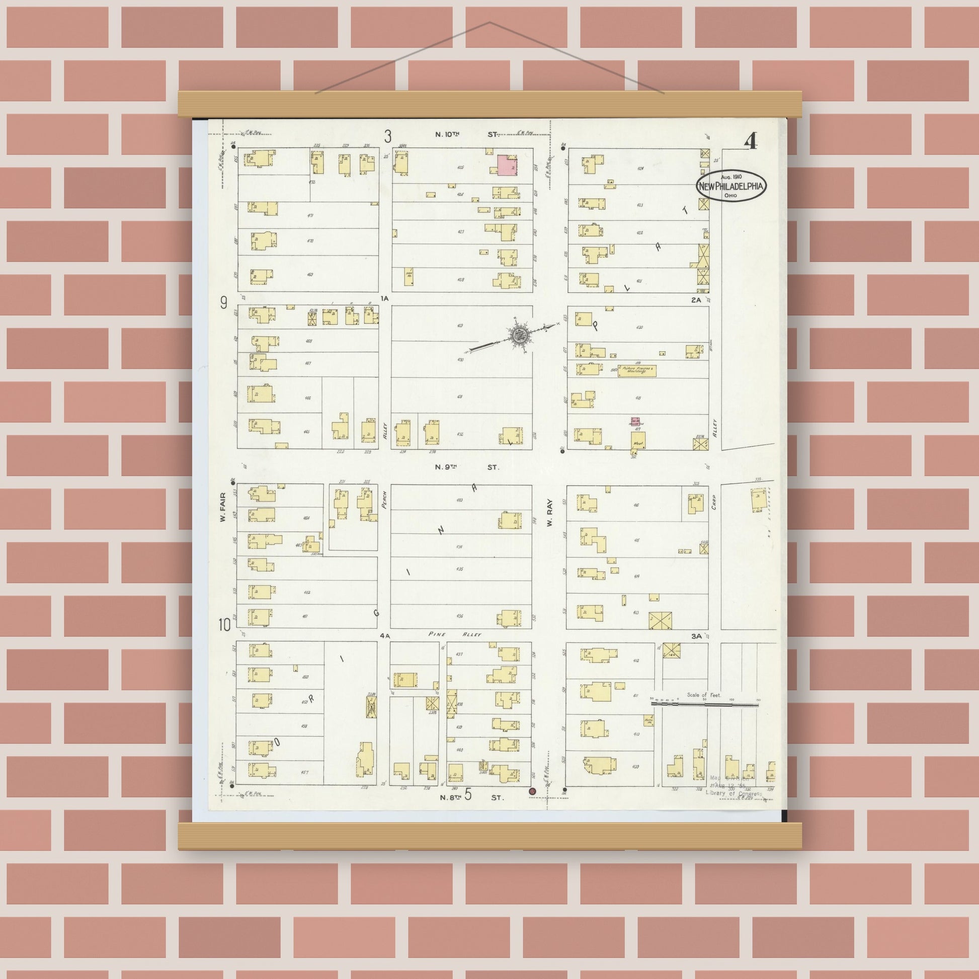 Old map wall art mockup — magnetic wood frame on brick wall — Sanborn Fire Insurance Map from New Philadelphia, Tuscarawas County, Ohio (1910), Sheet #0004