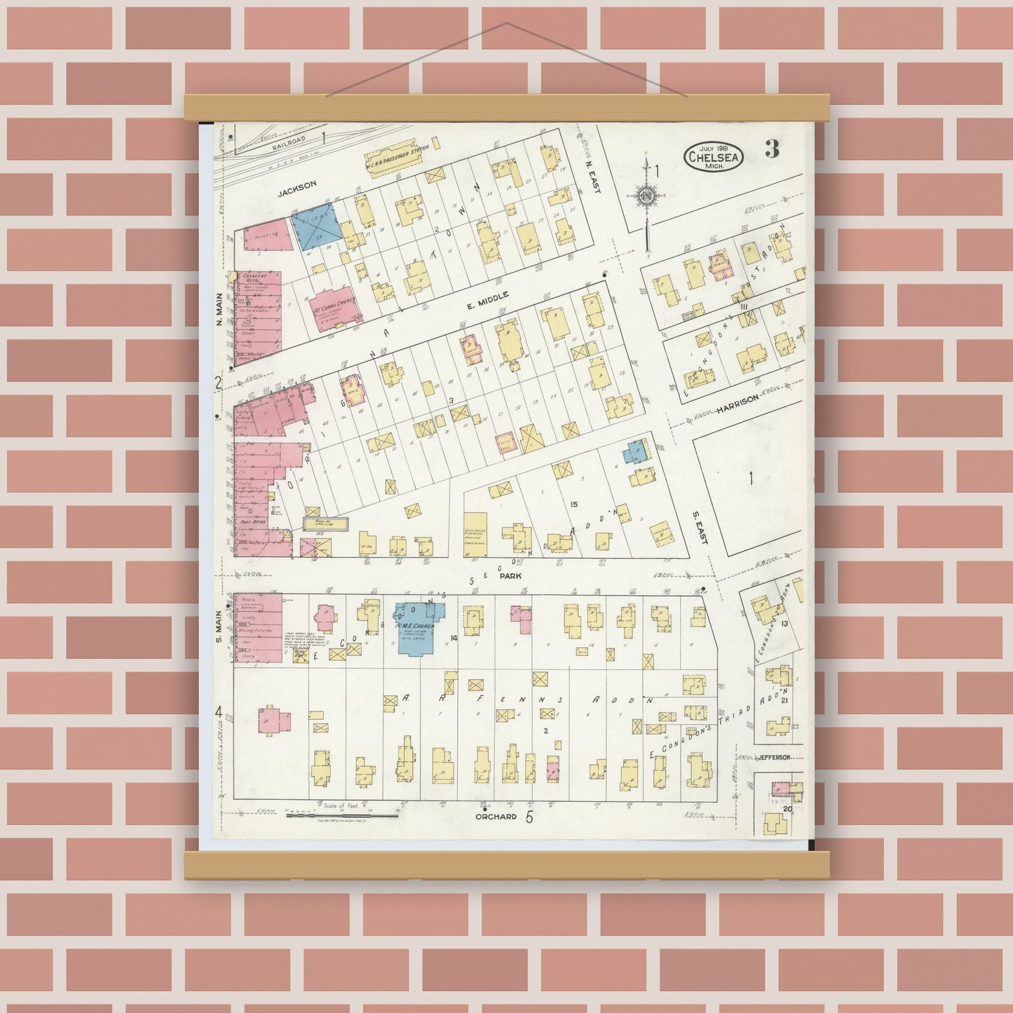 Old map wall art mockup — magnetic wood frame on brick wall — Sanborn Fire Insurance Map from Chelsea, Washtenaw County, Michigan (1918), Sheet #0003