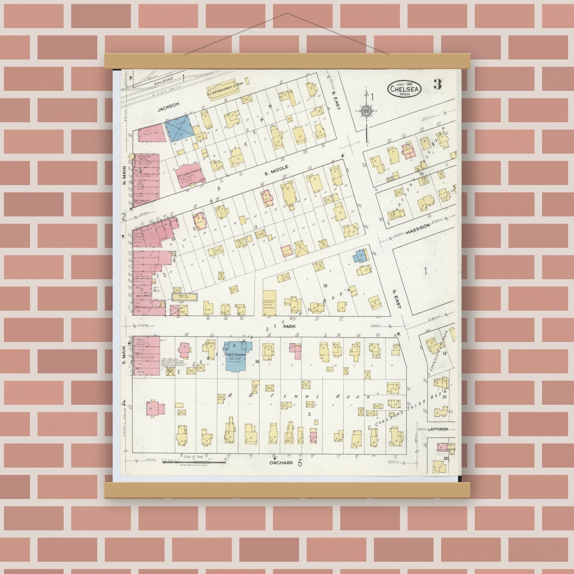 Old map wall art mockup — magnetic wood frame on brick wall — Sanborn Fire Insurance Map from Chelsea, Washtenaw County, Michigan (1918), Sheet #0003