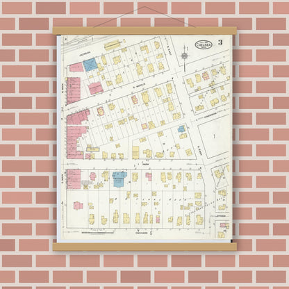 Old map wall art mockup — magnetic wood frame on brick wall — Sanborn Fire Insurance Map from Chelsea, Washtenaw County, Michigan (1918), Sheet #0003