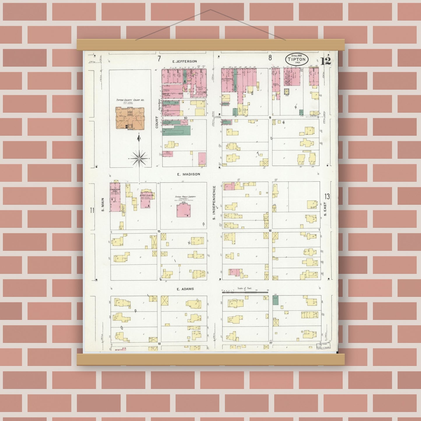 Old map wall art mockup — magnetic wood frame on brick wall — Sanborn Fire Insurance Map from Tipton, Tipton County, Indiana (1909), Sheet #0012