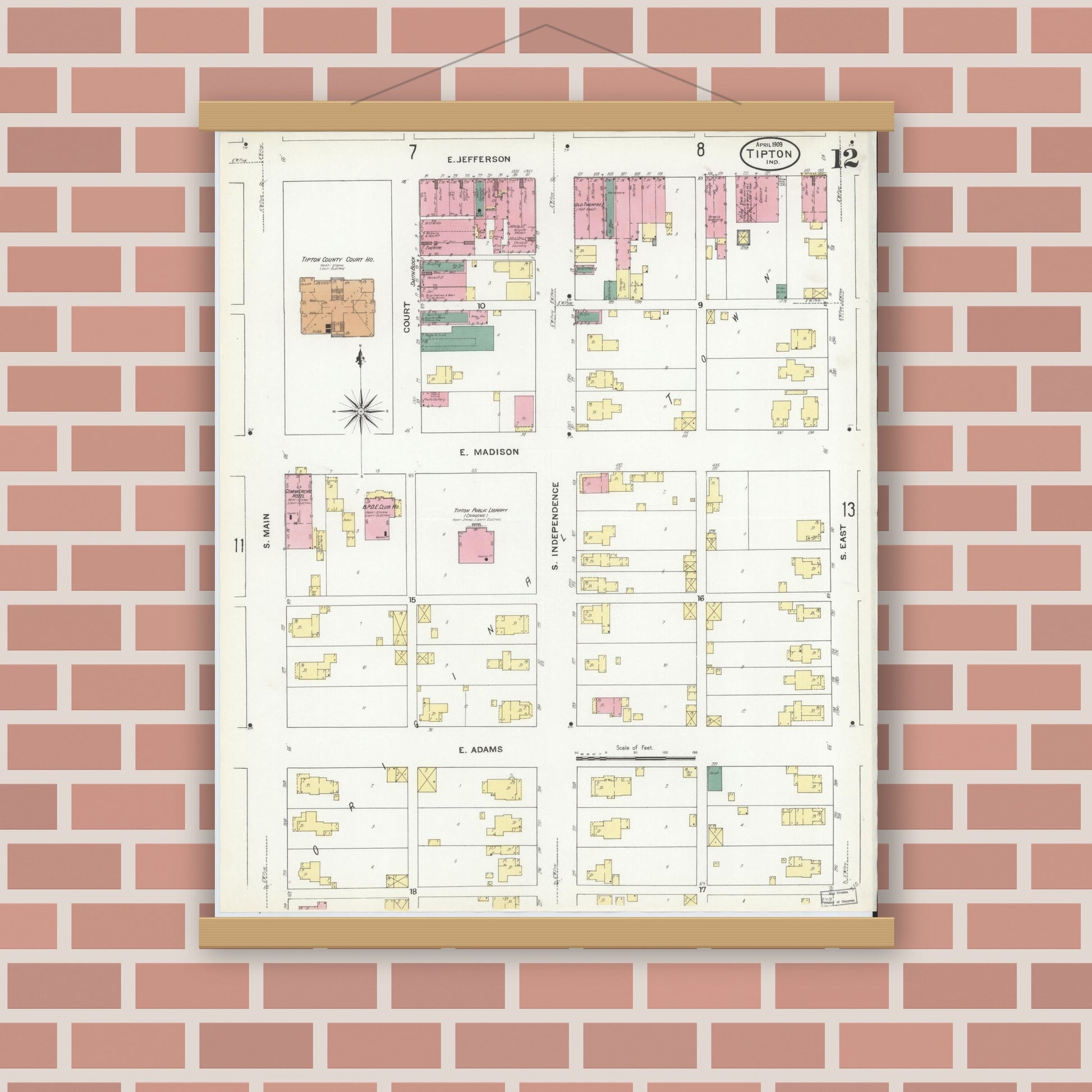 Old map wall art mockup — magnetic wood frame on brick wall — Sanborn Fire Insurance Map from Tipton, Tipton County, Indiana (1909), Sheet #0012