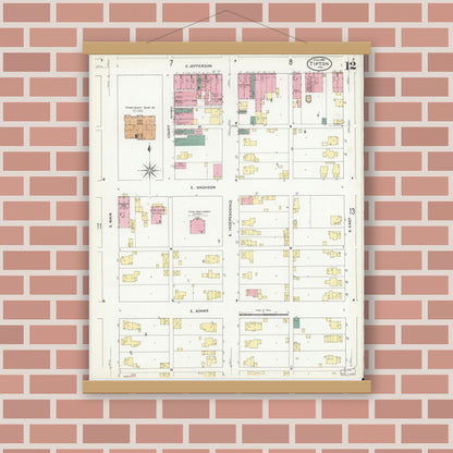 Old map wall art mockup — magnetic wood frame on brick wall — Sanborn Fire Insurance Map from Tipton, Tipton County, Indiana (1909), Sheet #0012