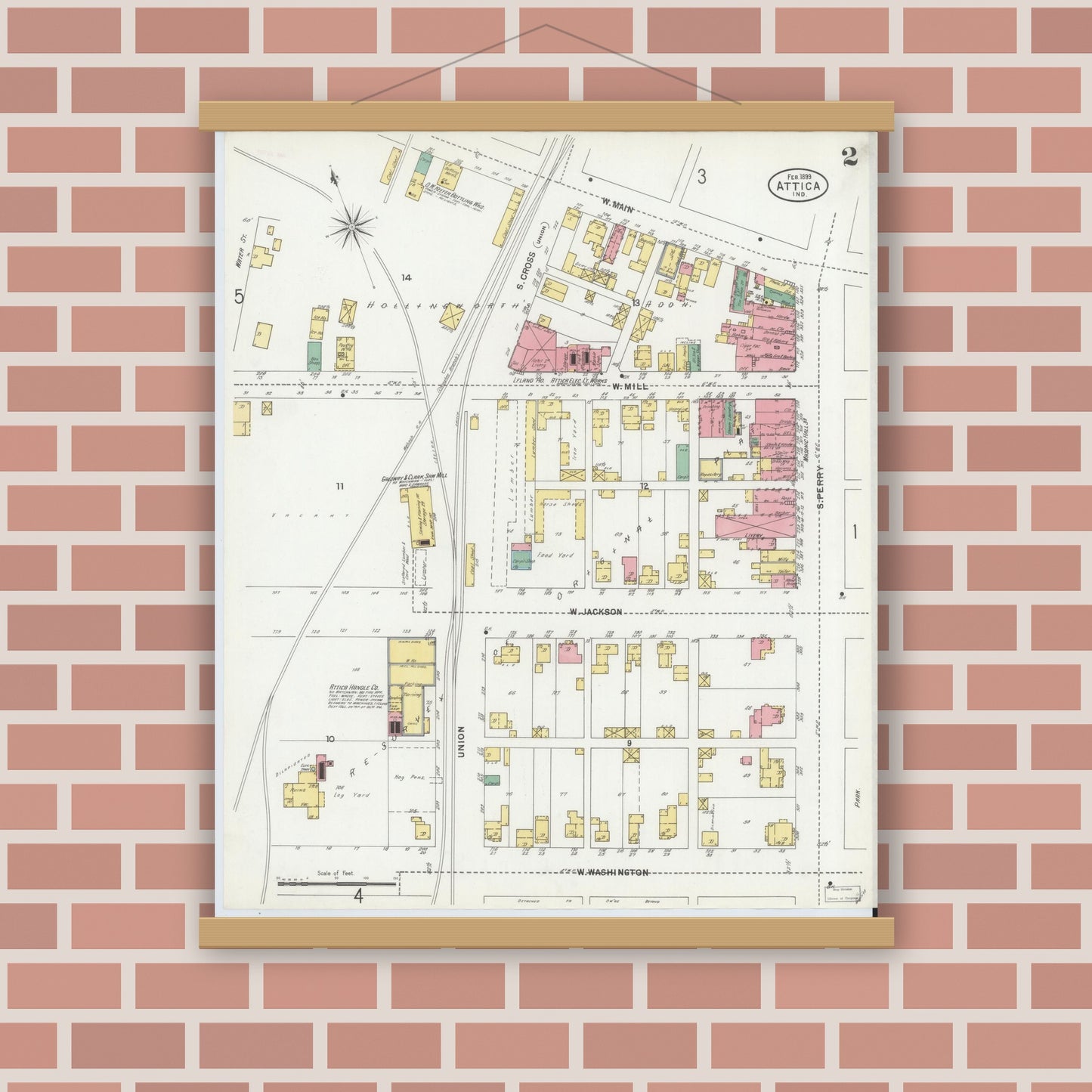 Old map wall art mockup — magnetic wood frame on brick wall — Sanborn Fire Insurance Map from Attica, Fountain County, Indiana (1899), Sheet #0002
