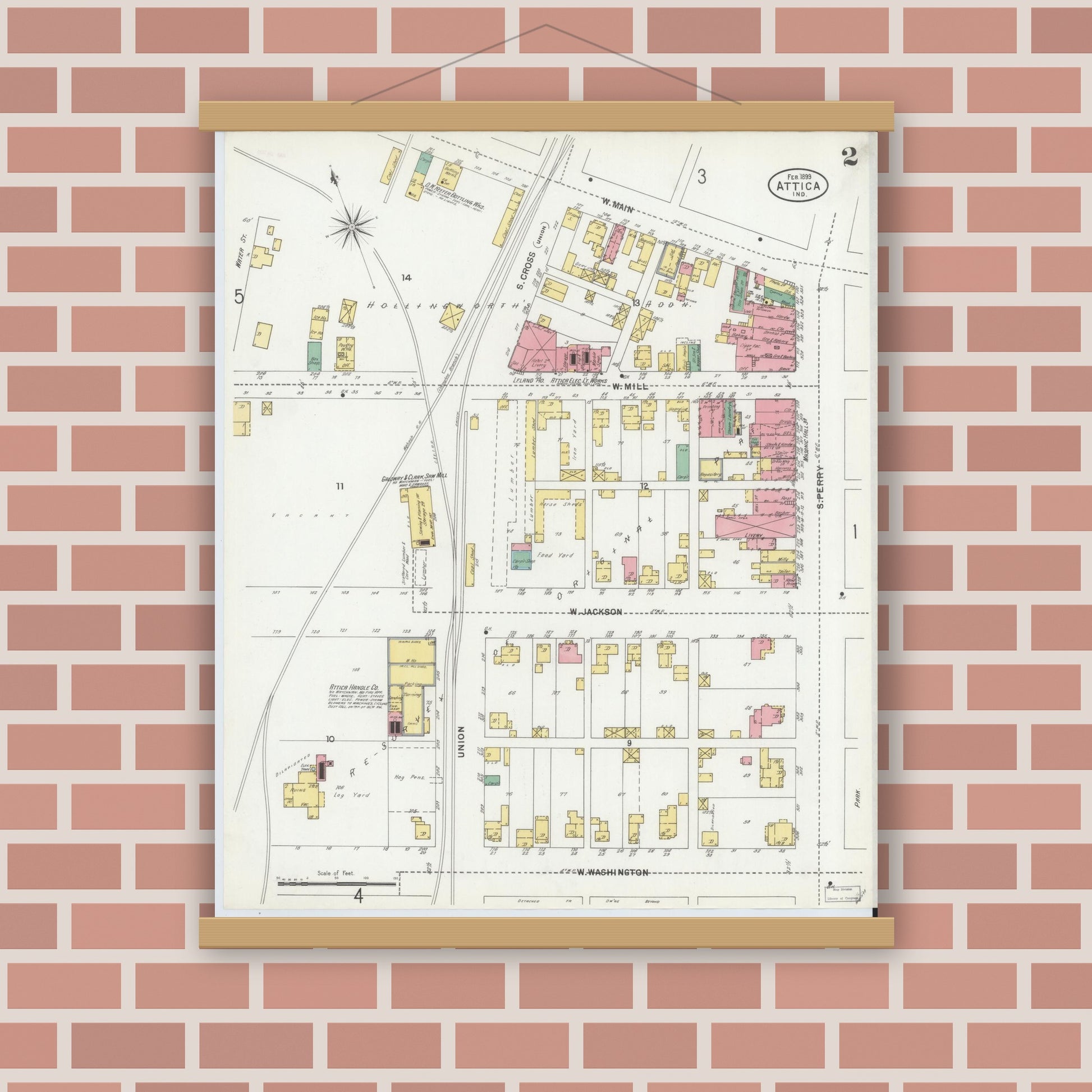 Old map wall art mockup — magnetic wood frame on brick wall — Sanborn Fire Insurance Map from Attica, Fountain County, Indiana (1899), Sheet #0002