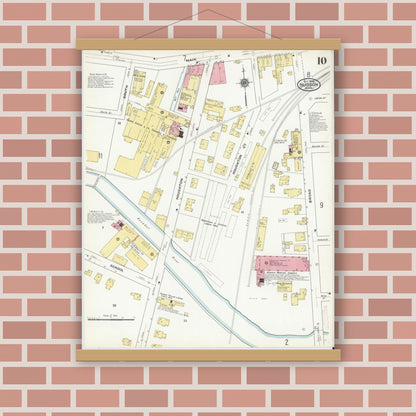 Old map wall art mockup — magnetic wood frame on brick wall — Sanborn Fire Insurance Map from Hudson, Middlesex County, Massachusetts (1909), Sheet #0010