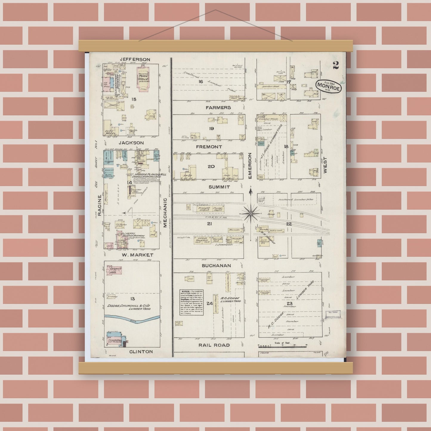 Old map wall art mockup — magnetic wood frame on brick wall — Sanborn Fire Insurance Map from Monroe, Green County, Wisconsin (1884), Sheet #0002