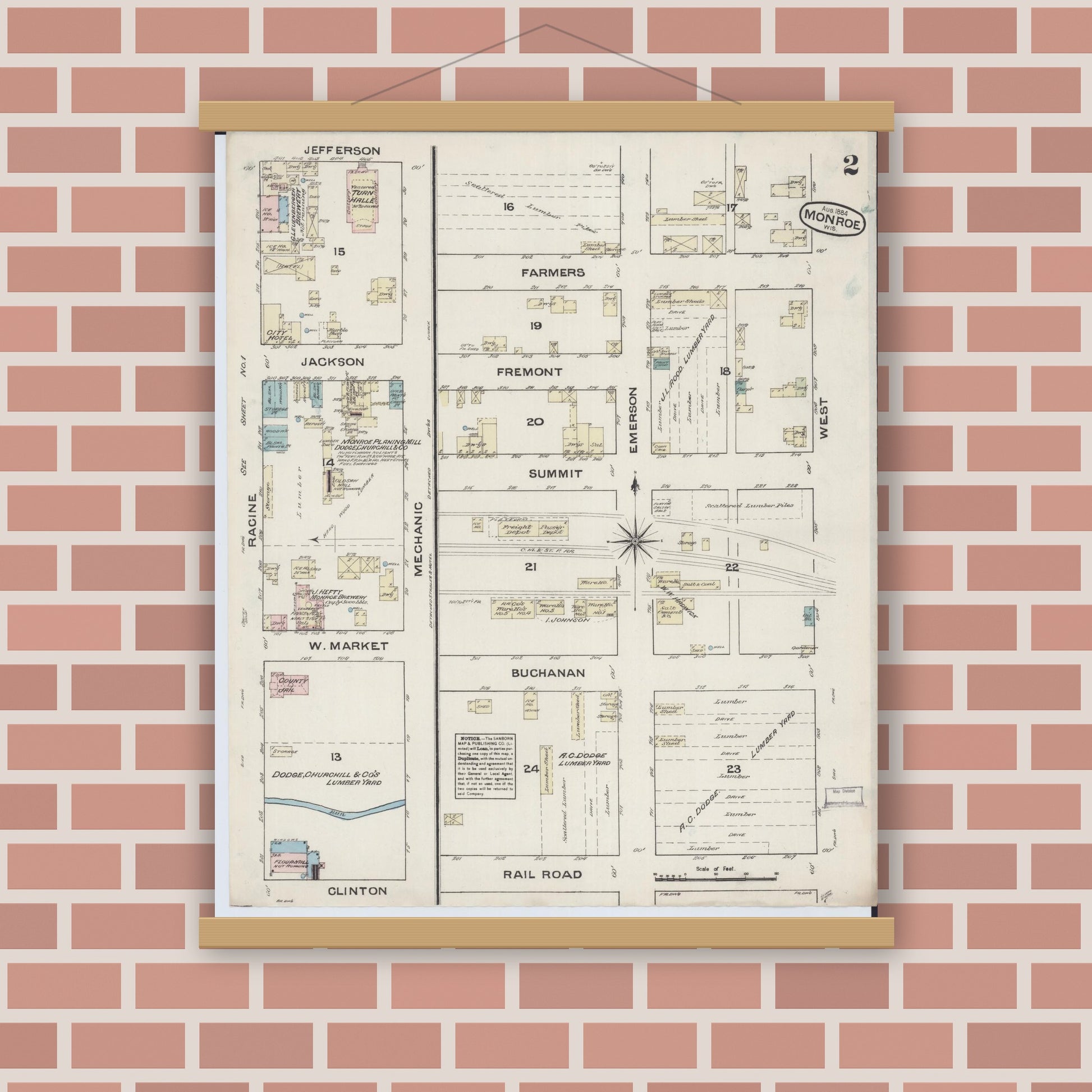 Old map wall art mockup — magnetic wood frame on brick wall — Sanborn Fire Insurance Map from Monroe, Green County, Wisconsin (1884), Sheet #0002