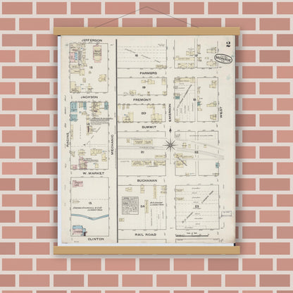 Old map wall art mockup — magnetic wood frame on brick wall — Sanborn Fire Insurance Map from Monroe, Green County, Wisconsin (1884), Sheet #0002