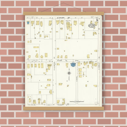 Old map wall art mockup — magnetic wood frame on brick wall — Sanborn Fire Insurance Map from De Land, Volusia County, Florida (1921), Sheet #0005