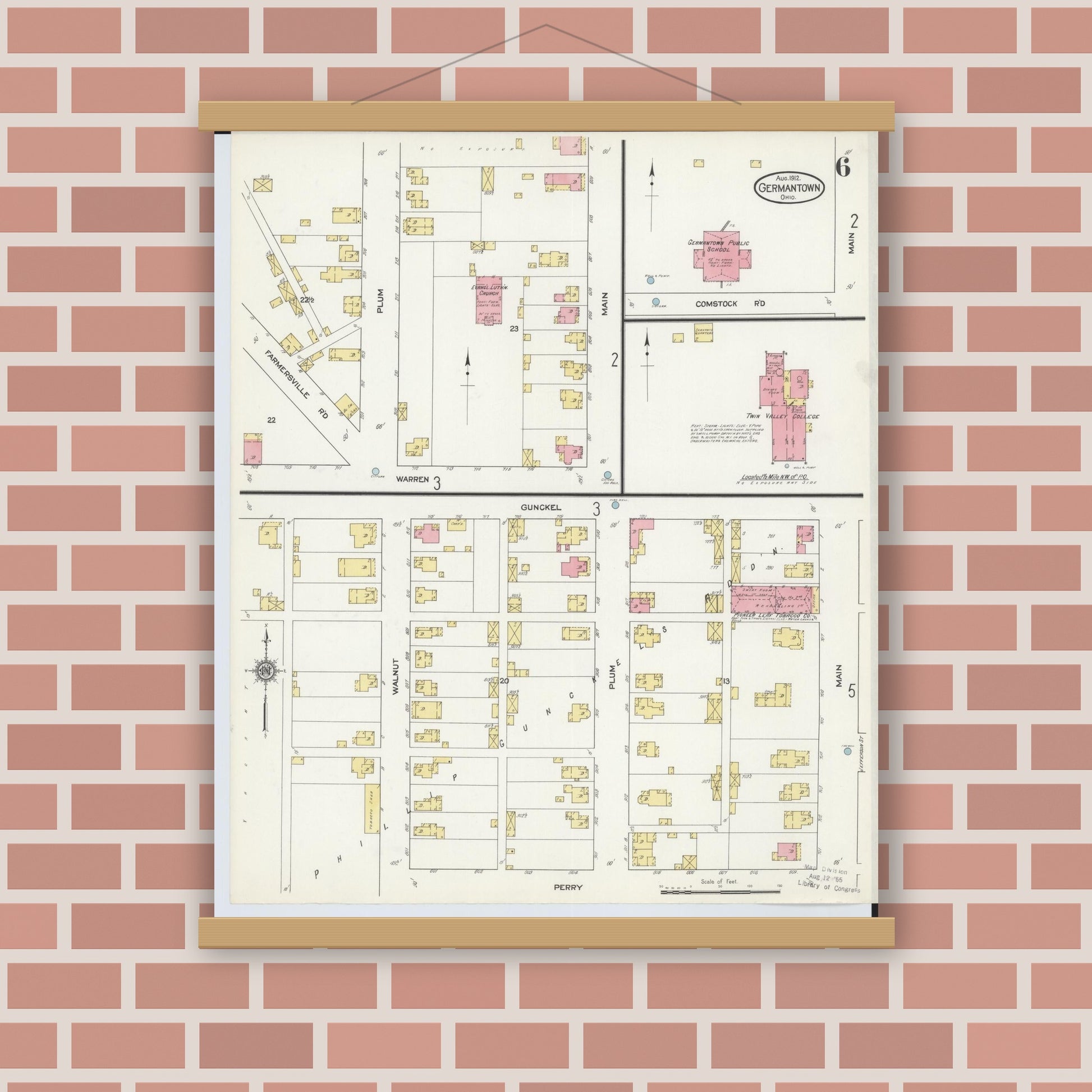 Old map wall art mockup — magnetic wood frame on brick wall — Sanborn Fire Insurance Map from Germantown, Montgomery County, Ohio (1912), Sheet #0006