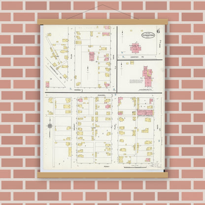 Old map wall art mockup — magnetic wood frame on brick wall — Sanborn Fire Insurance Map from Germantown, Montgomery County, Ohio (1912), Sheet #0006