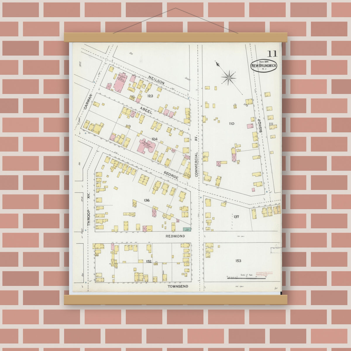 Old map wall art mockup — magnetic wood frame on brick wall — Sanborn Fire Insurance Map from New Brunswick, Middlesex County, New Jersey (1892), Sheet #0011