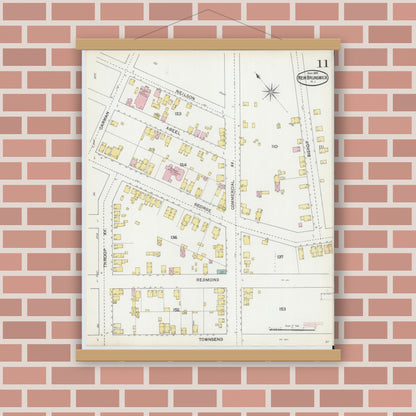 Old map wall art mockup — magnetic wood frame on brick wall — Sanborn Fire Insurance Map from New Brunswick, Middlesex County, New Jersey (1892), Sheet #0011