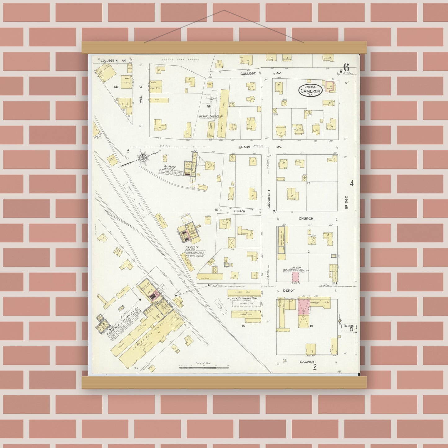 Old map wall art mockup — magnetic wood frame on brick wall — Sanborn Fire Insurance Map from Cameron, Milam County, Texas (1912), Sheet #0006