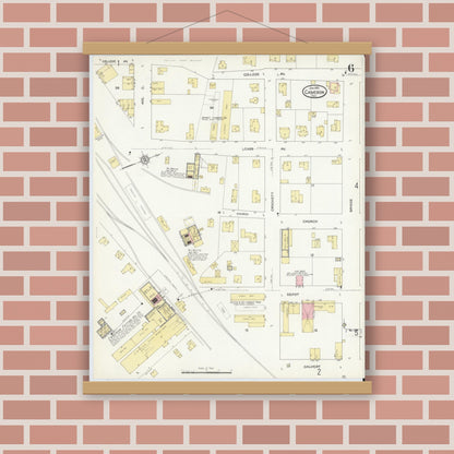Old map wall art mockup — magnetic wood frame on brick wall — Sanborn Fire Insurance Map from Cameron, Milam County, Texas (1912), Sheet #0006