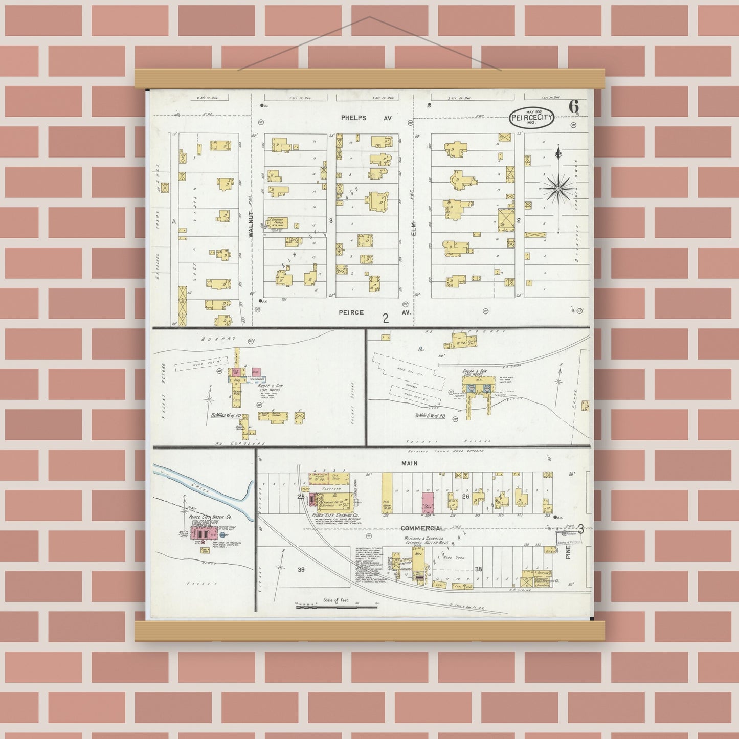Old map wall art mockup — magnetic wood frame on brick wall — Sanborn Fire Insurance Map from Pierce City, Lawrence County, Missouri (1902), Sheet #0006