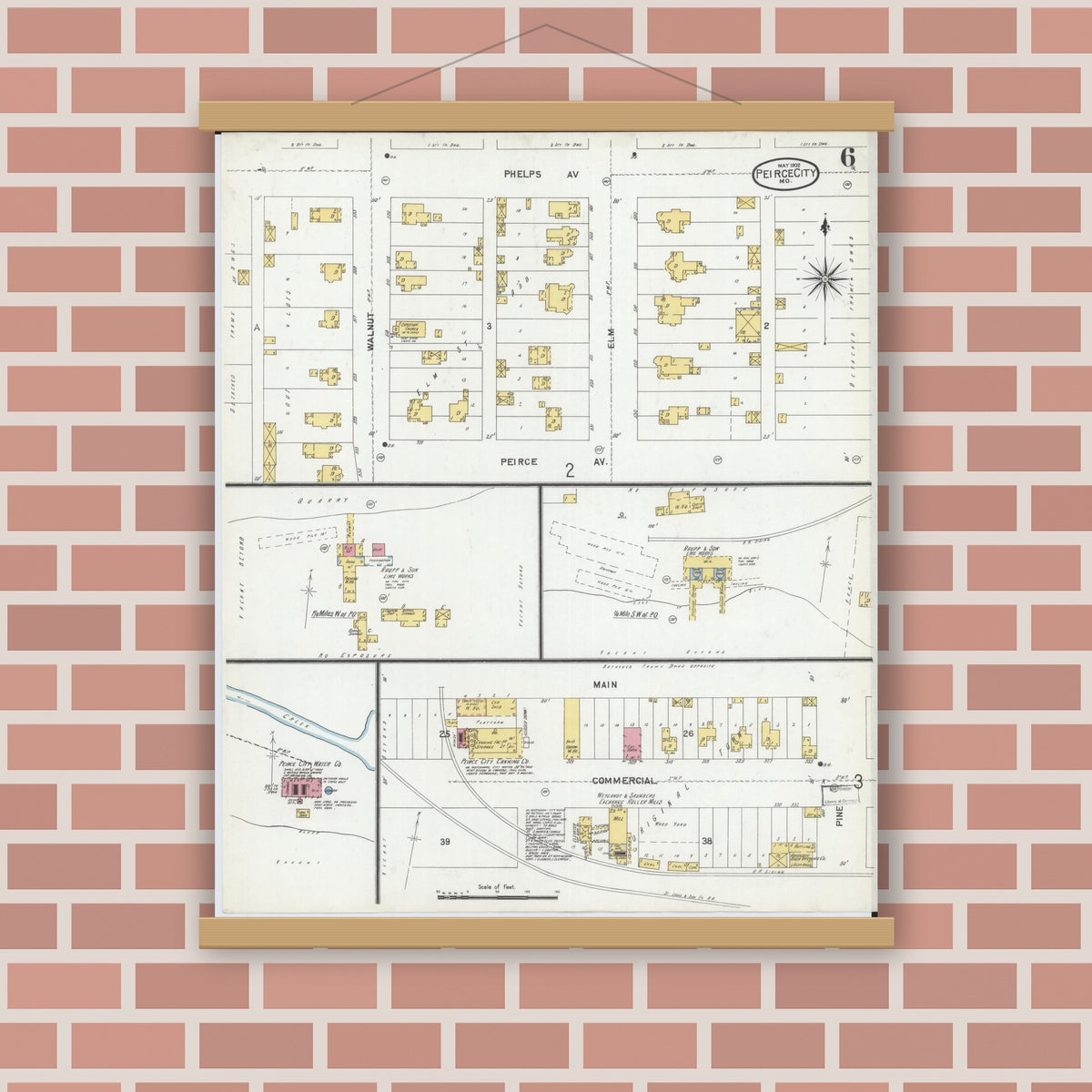 Old map wall art mockup — magnetic wood frame on brick wall — Sanborn Fire Insurance Map from Pierce City, Lawrence County, Missouri (1902), Sheet #0006