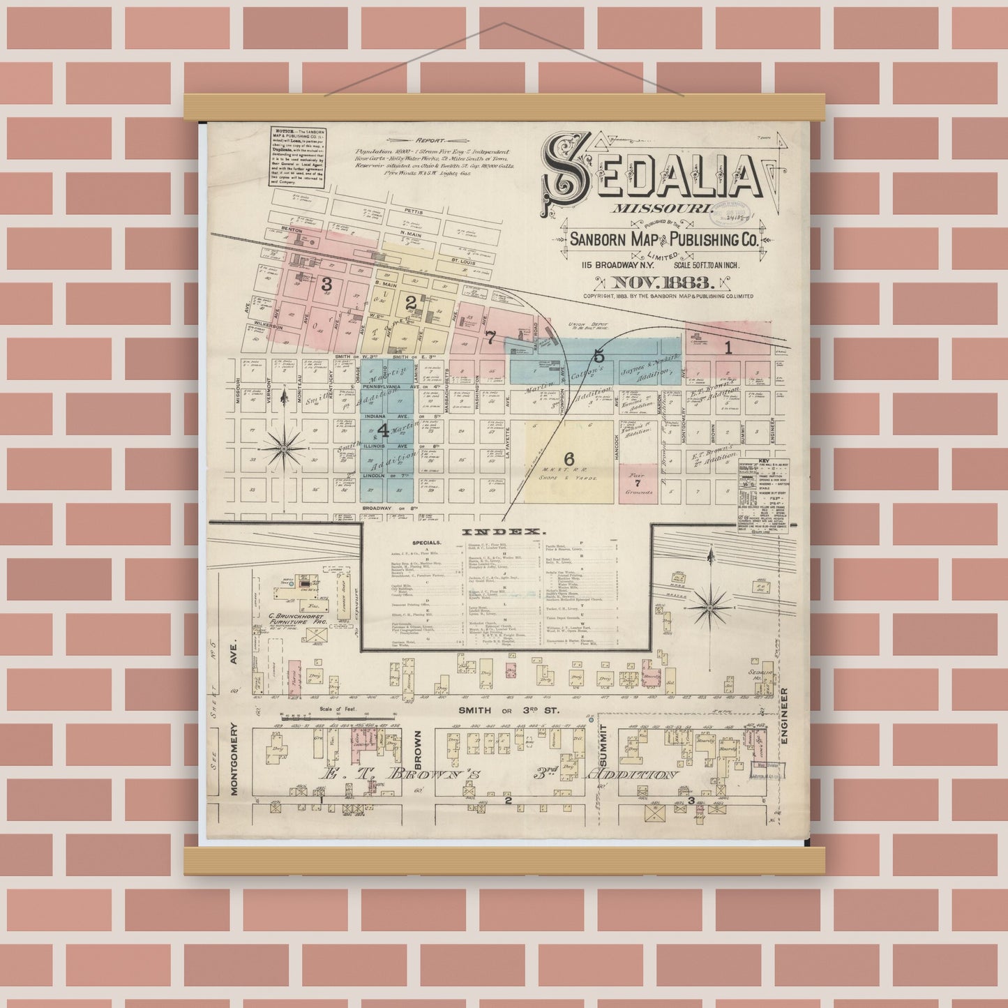 Old map wall art mockup — magnetic wood frame on brick wall — Sanborn Fire Insurance Map from Sedalia, Pettis County, Missouri (1883), Sheet #0001