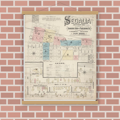 Old map wall art mockup — magnetic wood frame on brick wall — Sanborn Fire Insurance Map from Sedalia, Pettis County, Missouri (1883), Sheet #0001