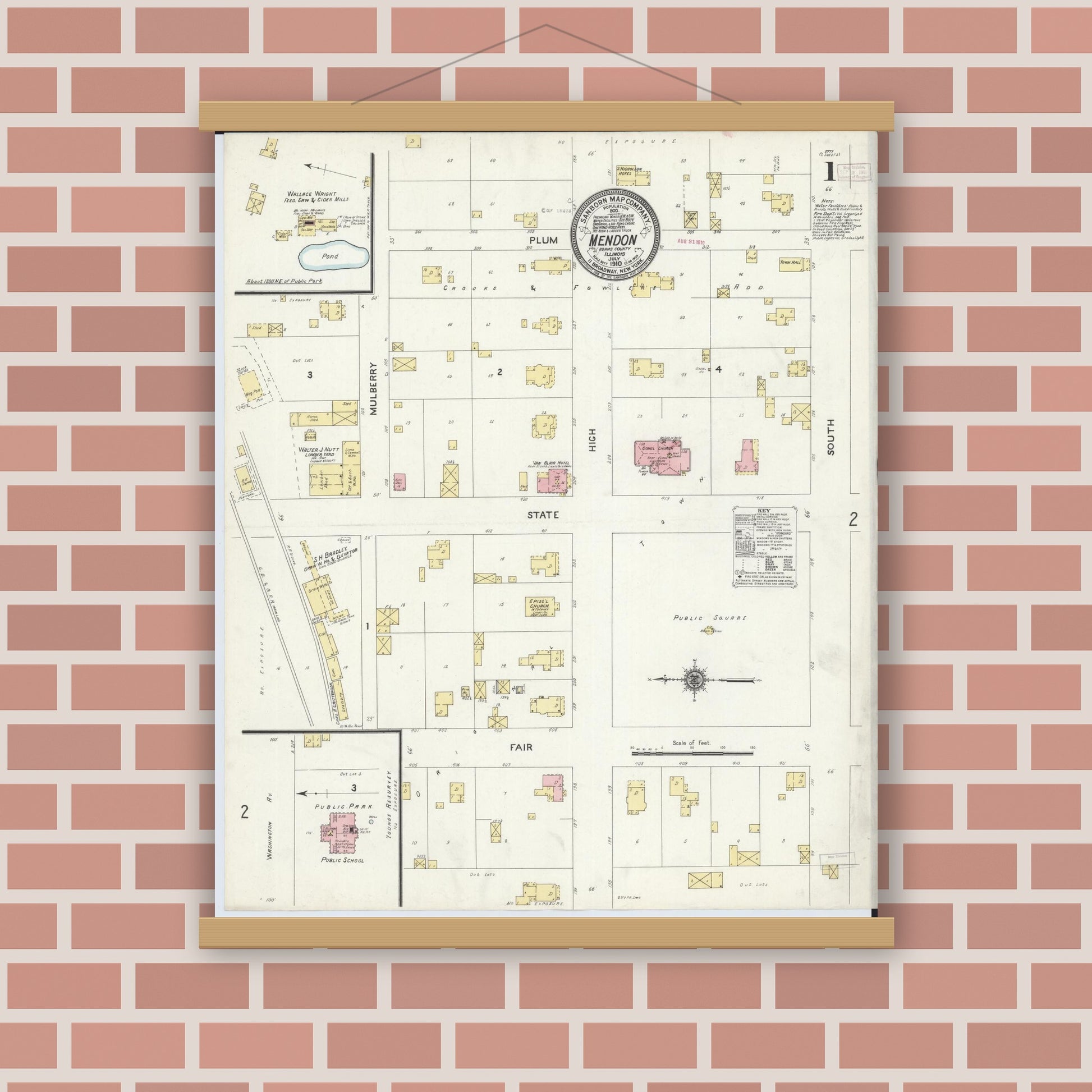 Old map wall art mockup — magnetic wood frame on brick wall — Sanborn Fire Insurance Map from Mendon, Adams County, Illinois (1910) - Complete Map Set