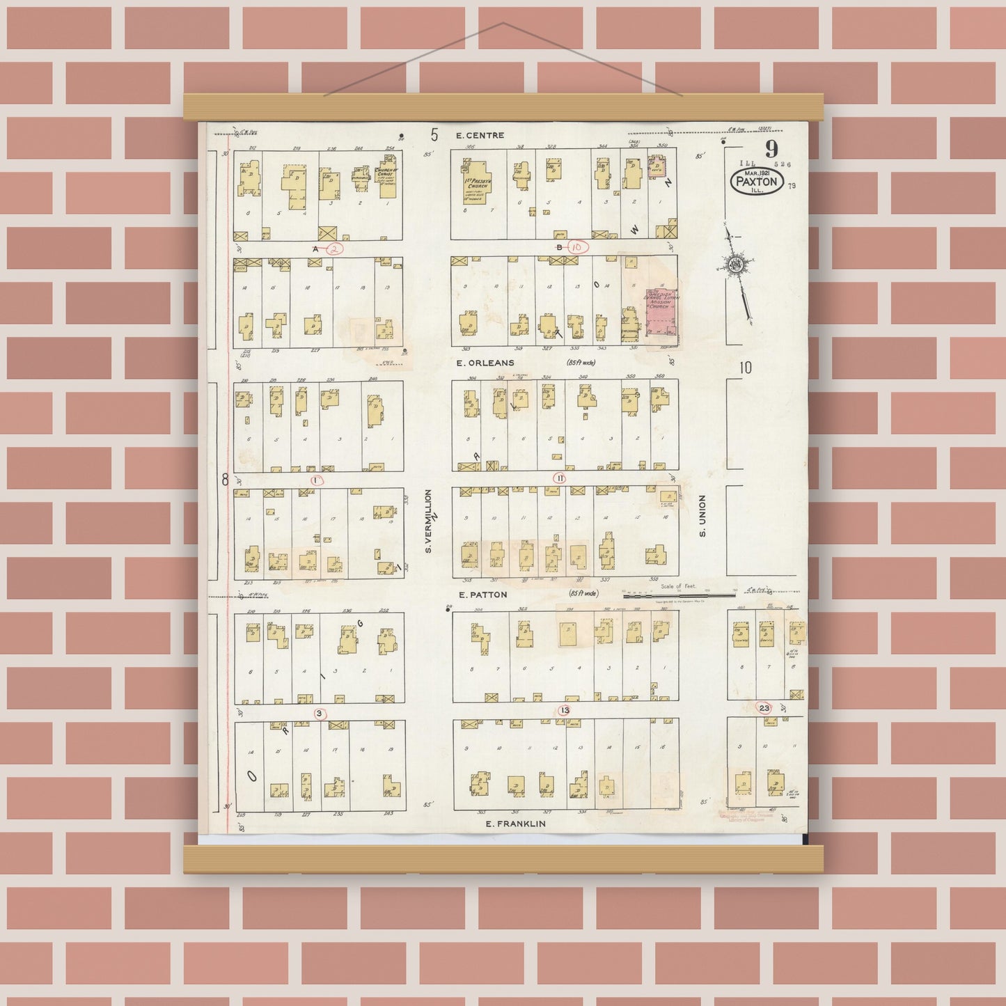 Old map wall art mockup — magnetic wood frame on brick wall — Sanborn Fire Insurance Map from Paxton, Ford County, Illinois (1932), Sheet #0009