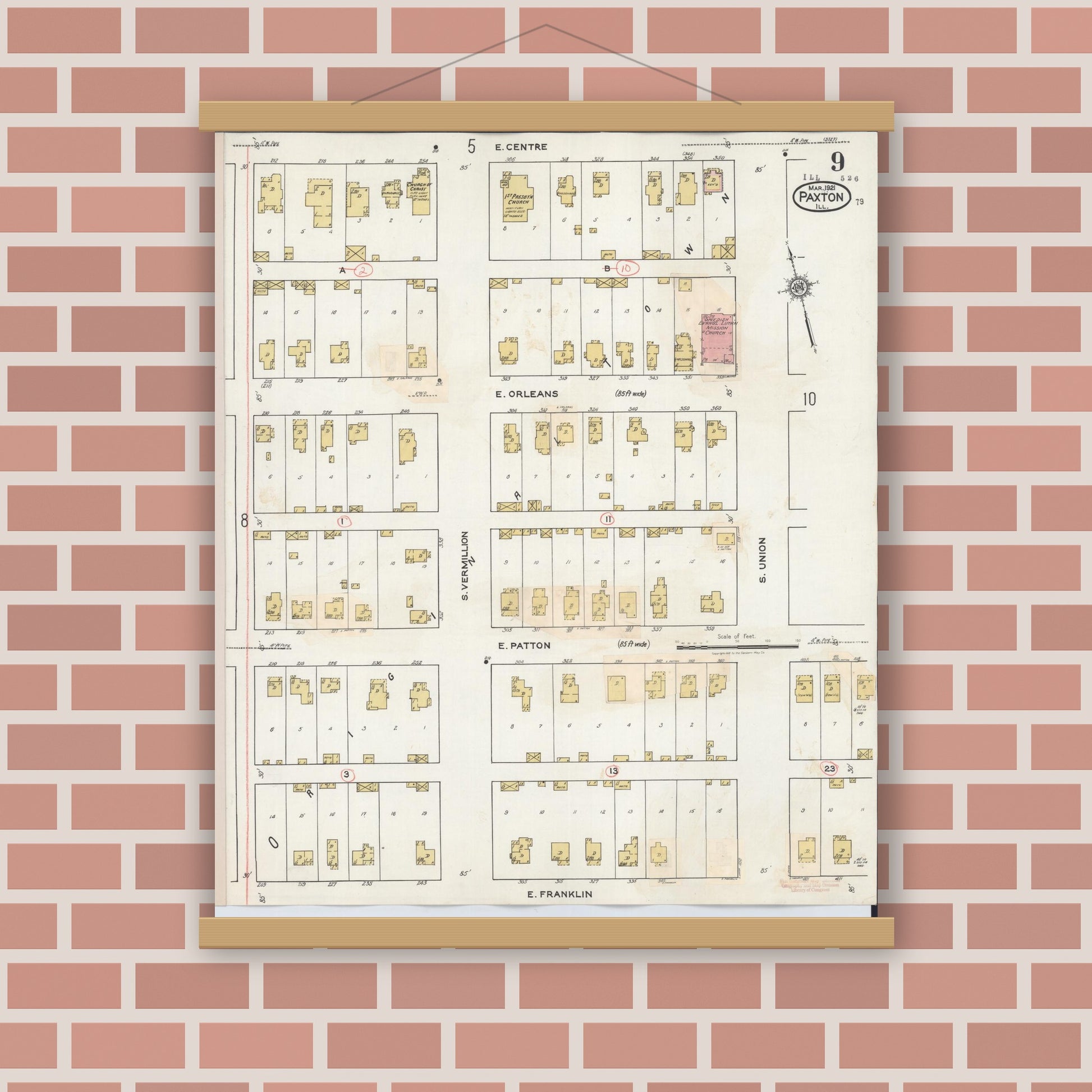 Old map wall art mockup — magnetic wood frame on brick wall — Sanborn Fire Insurance Map from Paxton, Ford County, Illinois (1932), Sheet #0009