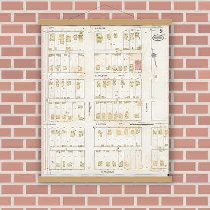 Old map wall art mockup — magnetic wood frame on brick wall — Sanborn Fire Insurance Map from Paxton, Ford County, Illinois (1932), Sheet #0009