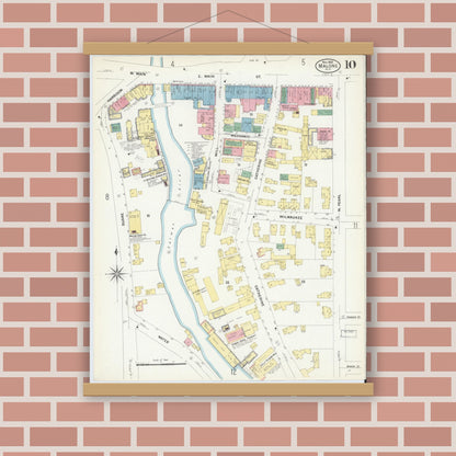 Old map wall art mockup — magnetic wood frame on brick wall — Sanborn Fire Insurance Map from Malone, Franklin County, New York (1908), Sheet #0010