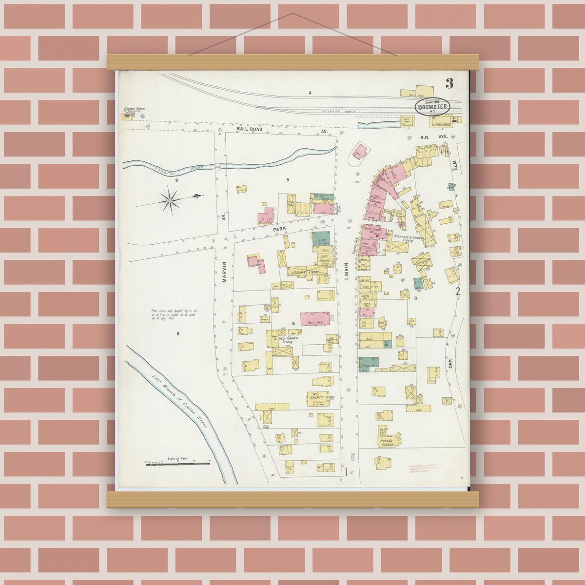 Old map wall art mockup — magnetic wood frame on brick wall — Sanborn Fire Insurance Map from Brewster, Putnam County, New York (1898), Sheet #0003