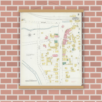 Old map wall art mockup — magnetic wood frame on brick wall — Sanborn Fire Insurance Map from Brewster, Putnam County, New York (1898), Sheet #0003