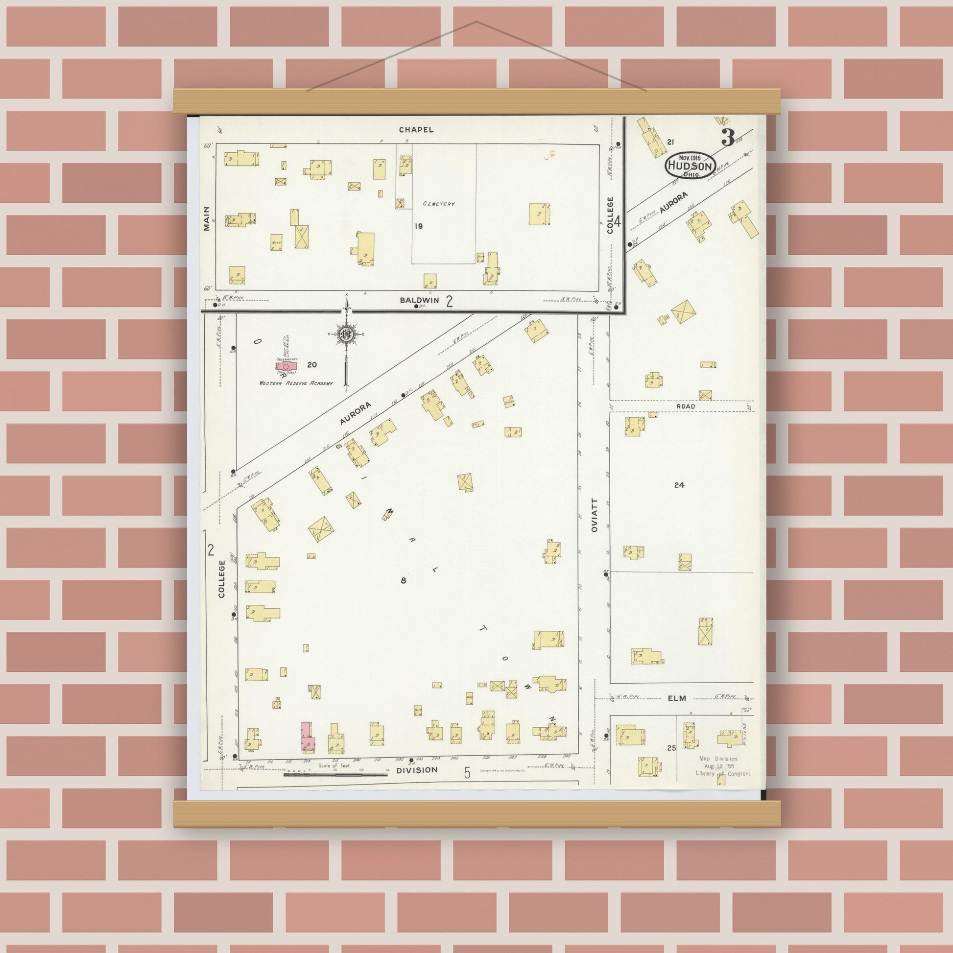 Old map wall art mockup — magnetic wood frame on brick wall — Sanborn Fire Insurance Map from Hudson, Summit County, Ohio (1916), Sheet #0003
