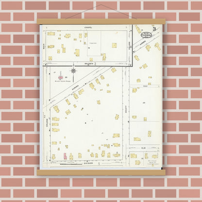 Old map wall art mockup — magnetic wood frame on brick wall — Sanborn Fire Insurance Map from Hudson, Summit County, Ohio (1916), Sheet #0003