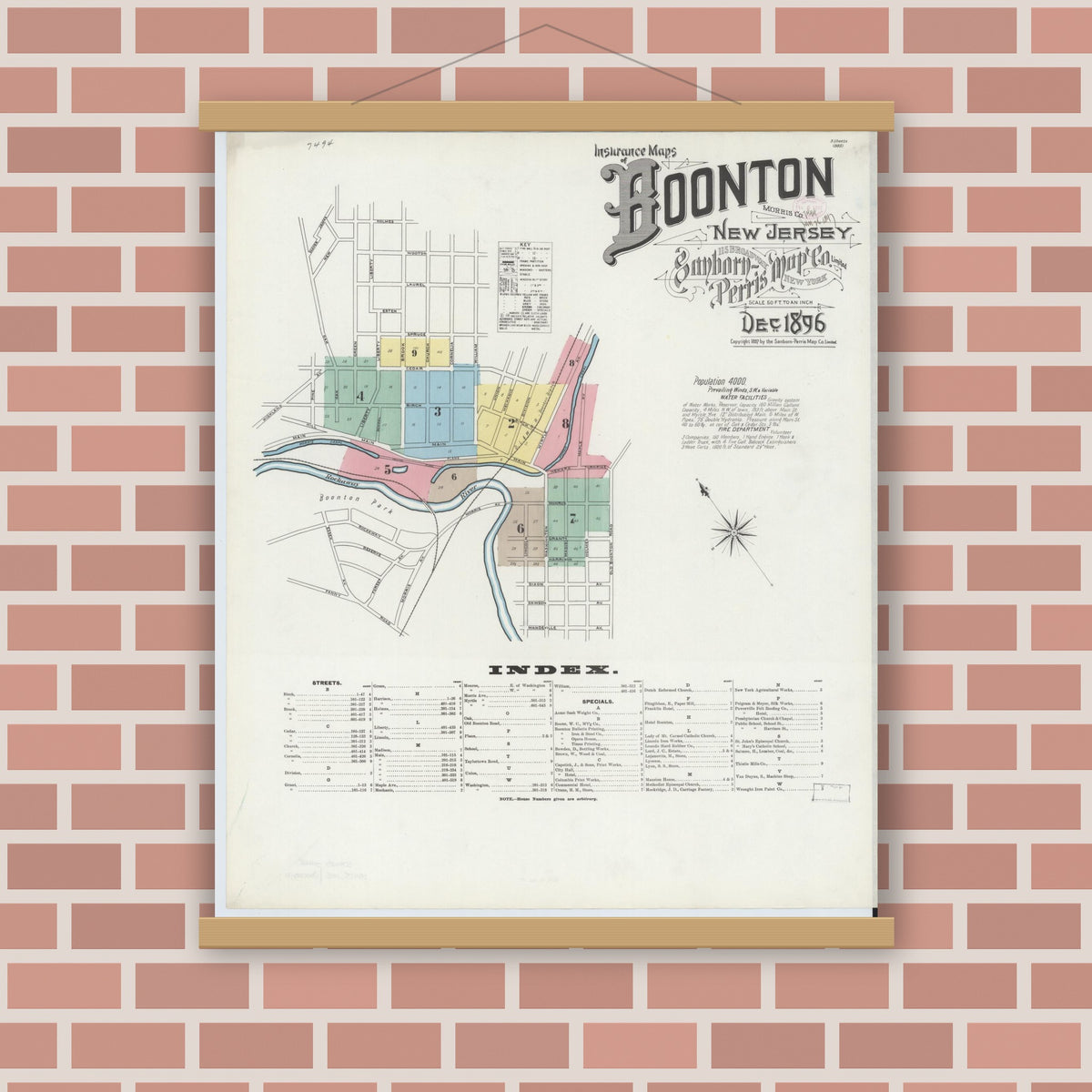 Old map wall art mockup — magnetic wood frame on brick wall — Sanborn Fire Insurance Map from Boonton, Morris County, New Jersey (1896), Sheet #0001