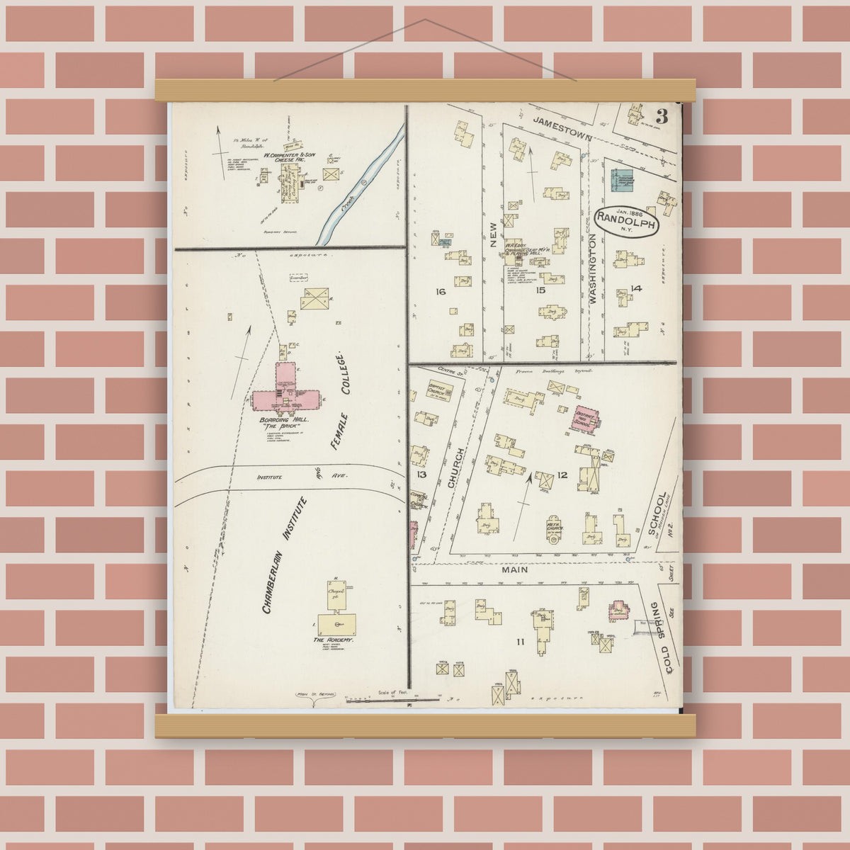 Old map wall art mockup — magnetic wood frame on brick wall — Sanborn Fire Insurance Map from Randolph, Cattaraugus County, New York (1885), Sheet #0003
