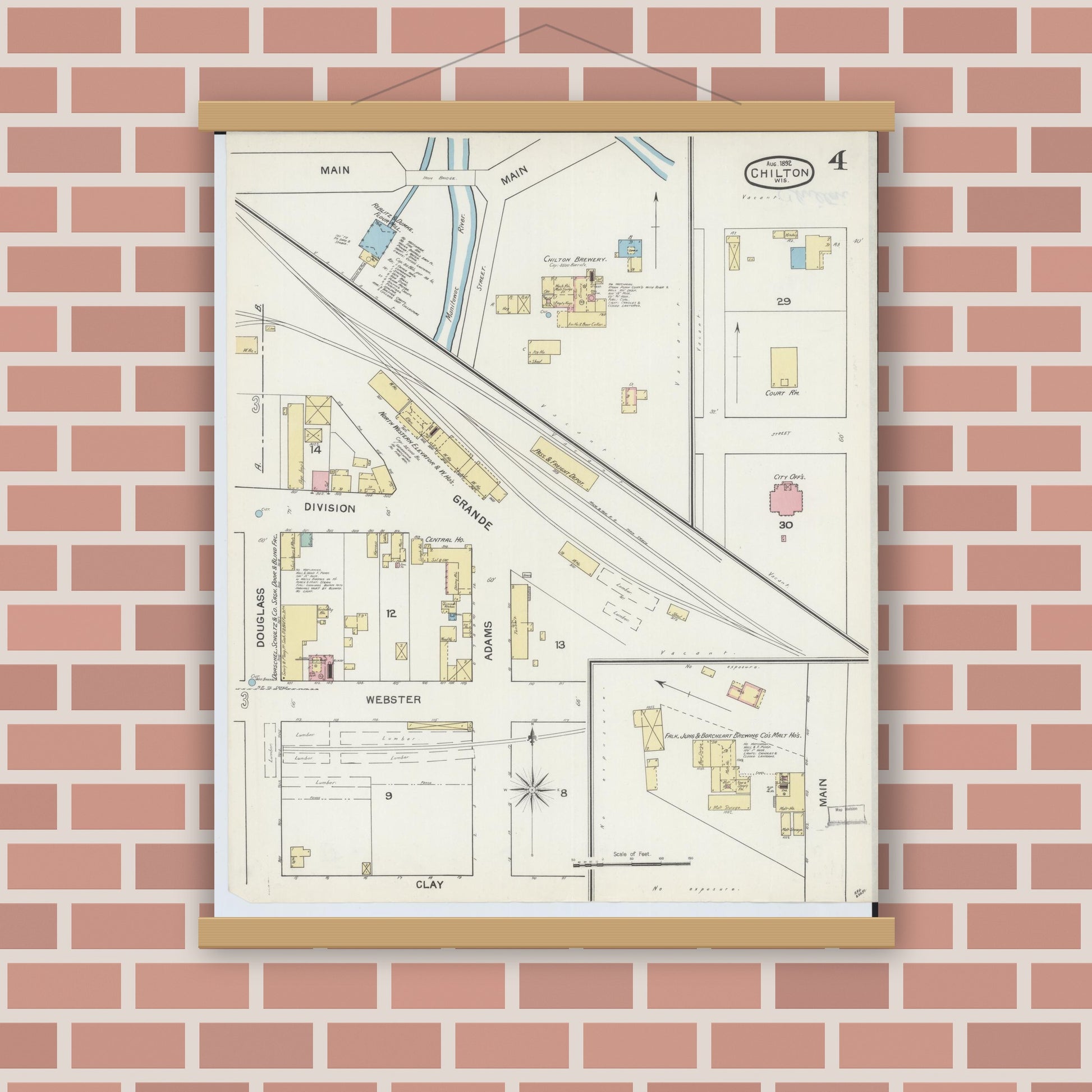 Old map wall art mockup — magnetic wood frame on brick wall — Sanborn Fire Insurance Map from Chilton, Calumet County, Wisconsin (1892), Sheet #0004