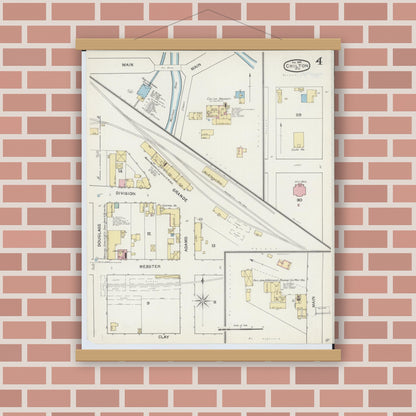 Old map wall art mockup — magnetic wood frame on brick wall — Sanborn Fire Insurance Map from Chilton, Calumet County, Wisconsin (1892), Sheet #0004