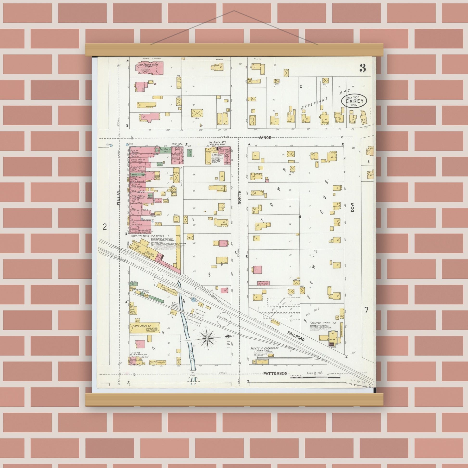 Old map wall art mockup — magnetic wood frame on brick wall — Sanborn Fire Insurance Map from Carey, Wyandot County, Ohio (1900), Sheet #0003