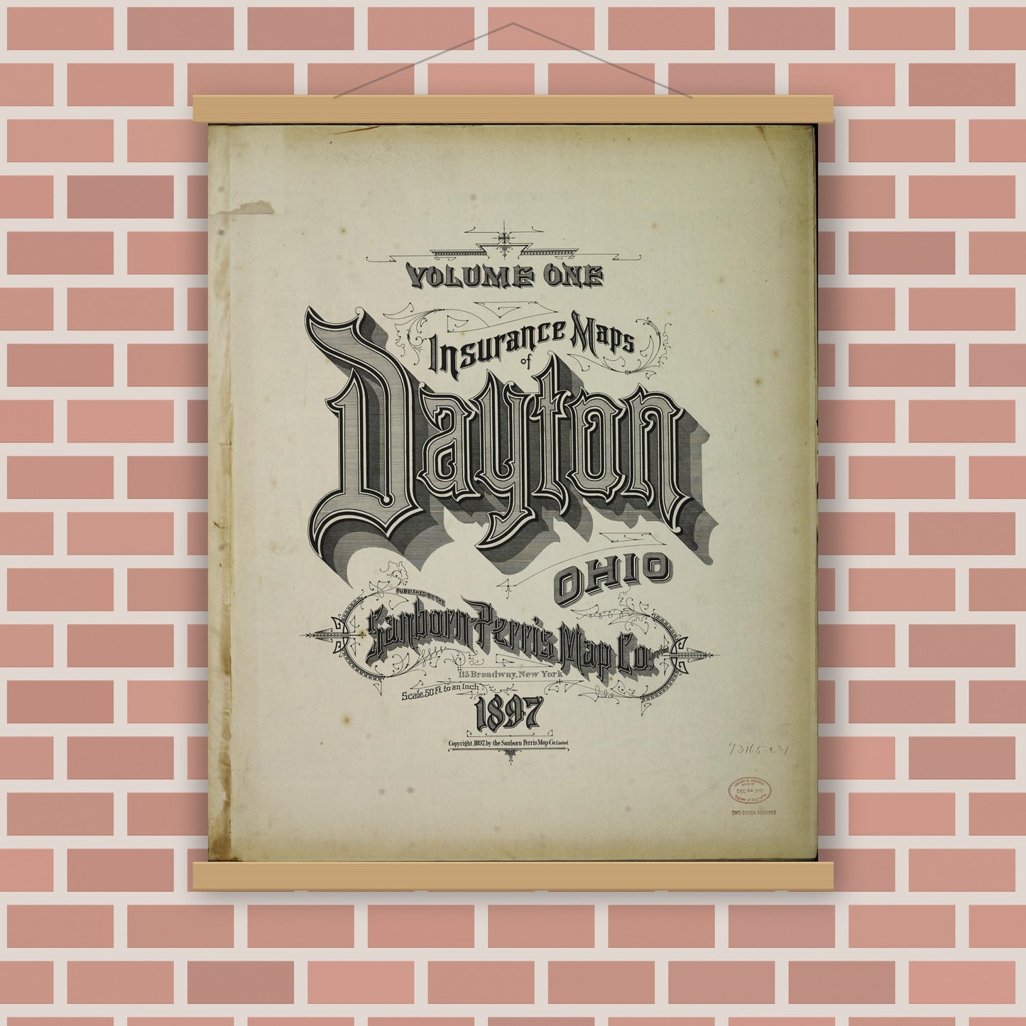 Old map wall art mockup — magnetic wood frame on brick wall — Sanborn Fire Insurance Map from Dayton, Montgomery County, Ohio (1897), Sheet #0001
