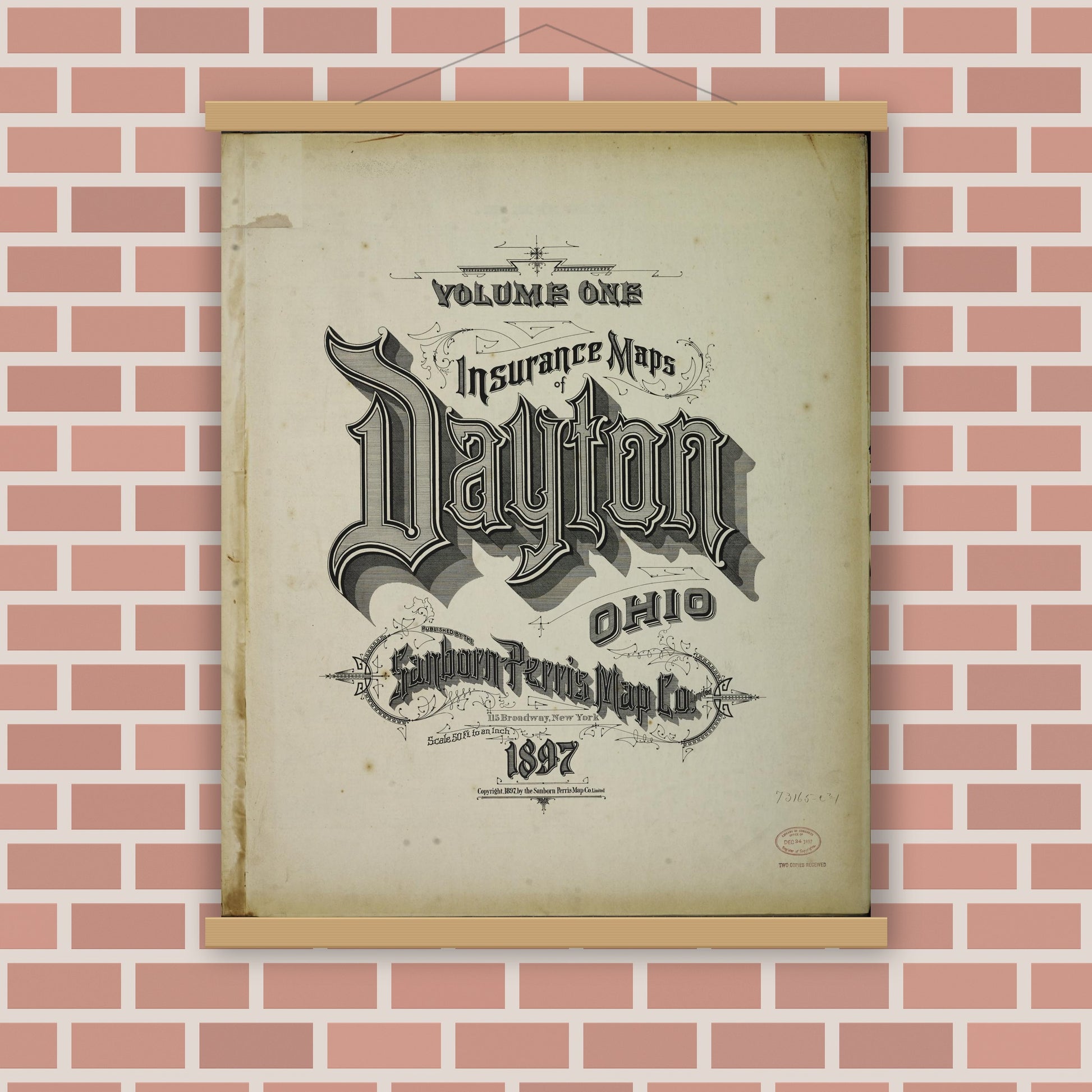 Old map wall art mockup — magnetic wood frame on brick wall — Sanborn Fire Insurance Map from Dayton, Montgomery County, Ohio (1897), Sheet #0001