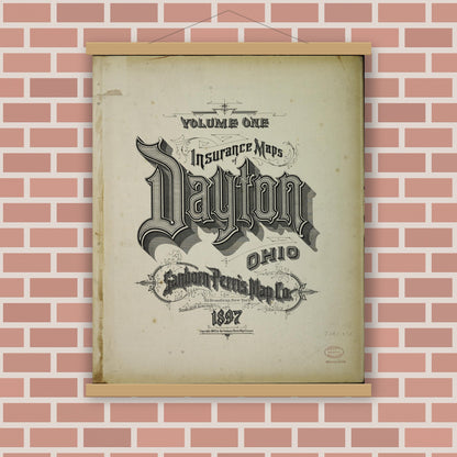 Old map wall art mockup — magnetic wood frame on brick wall — Sanborn Fire Insurance Map from Dayton, Montgomery County, Ohio (1897), Sheet #0001