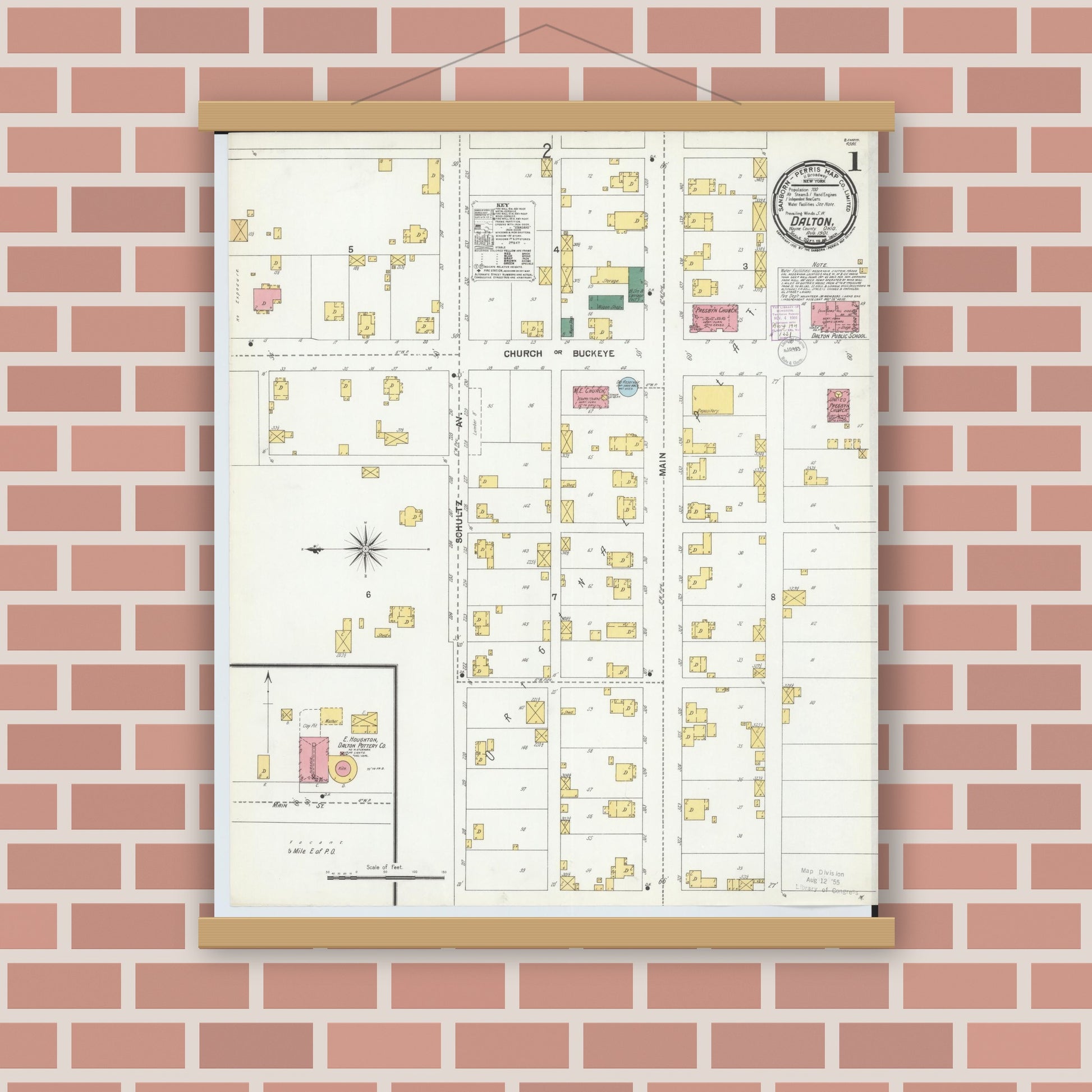 Old map wall art mockup — magnetic wood frame on brick wall — Sanborn Fire Insurance Map from Dalton, Wayne County, Ohio (1901), Sheet #0001