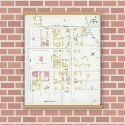 Old map wall art mockup — magnetic wood frame on brick wall — Sanborn Fire Insurance Map from Caldwell, Noble County, Ohio (1899), Sheet #0002