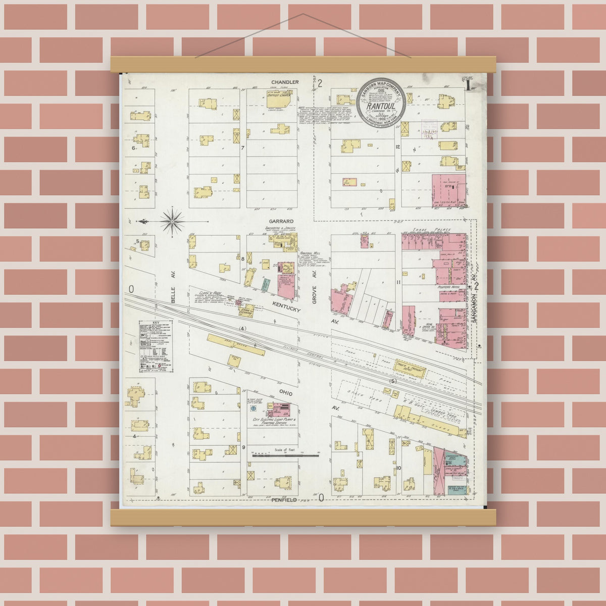 Old map wall art mockup — magnetic wood frame on brick wall — Sanborn Fire Insurance Map from Rantoul, Champaign County, Illinois (1902), Sheet #0001