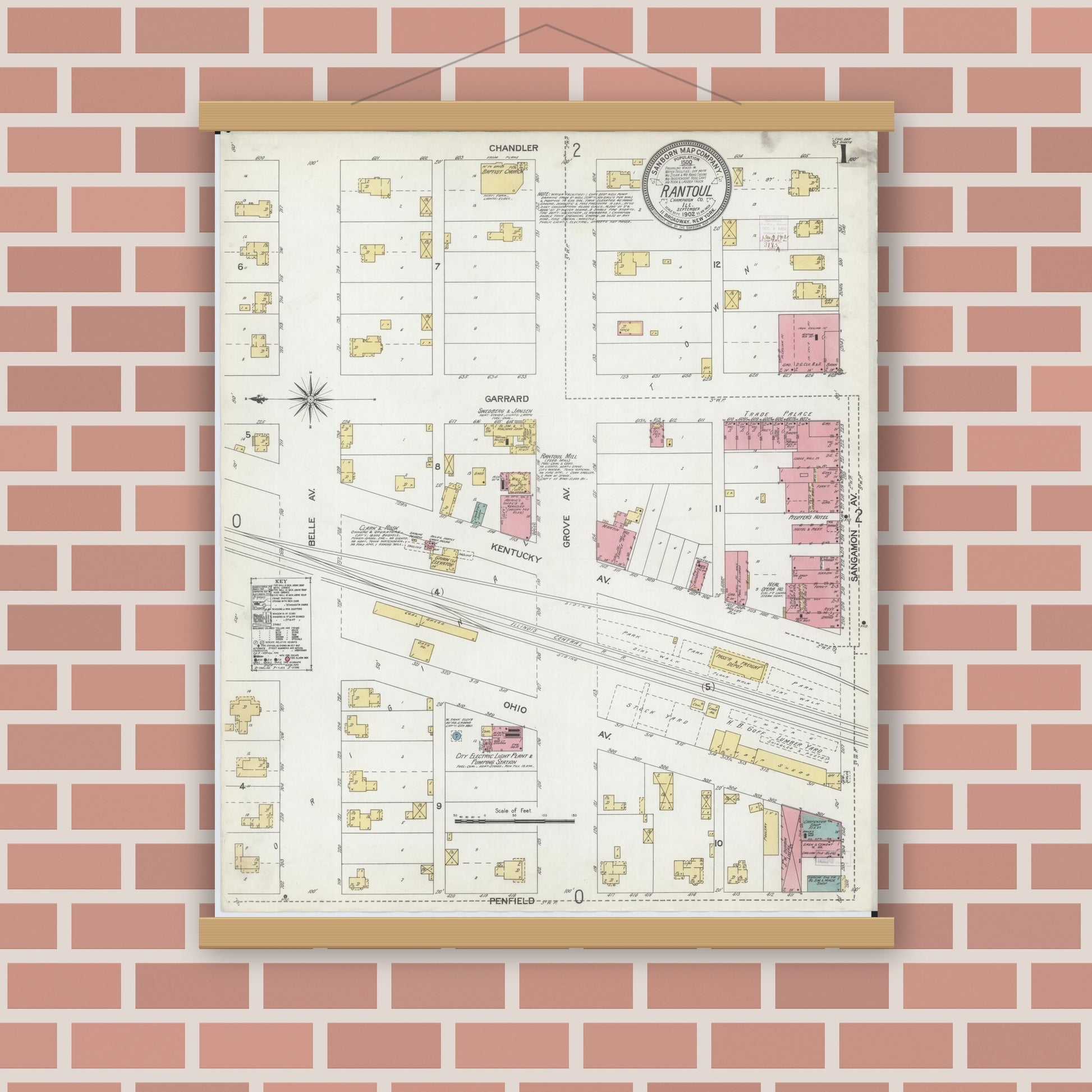 Old map wall art mockup — magnetic wood frame on brick wall — Sanborn Fire Insurance Map from Rantoul, Champaign County, Illinois (1902), Sheet #0001