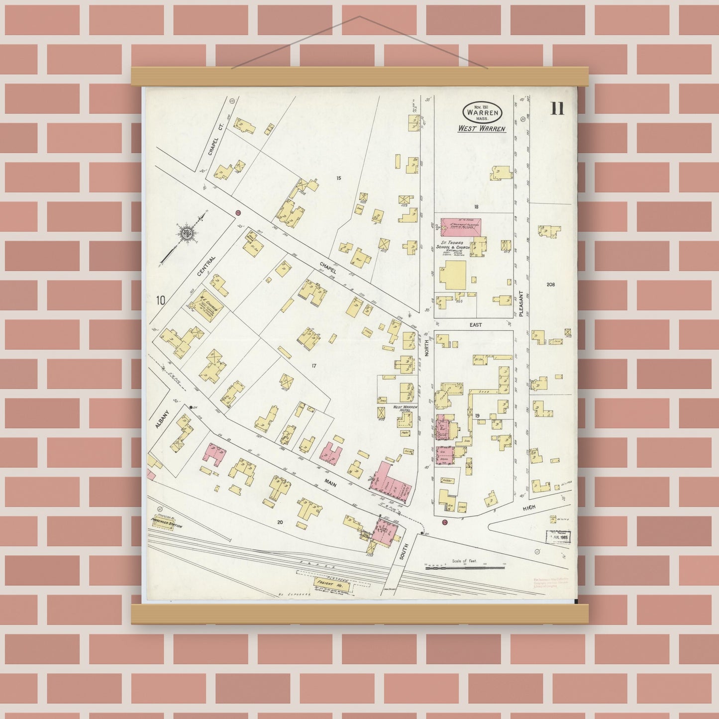 Old map wall art mockup — magnetic wood frame on brick wall — Sanborn Fire Insurance Map from Warren, Worcester County, Massachusetts (1911), Sheet #0011