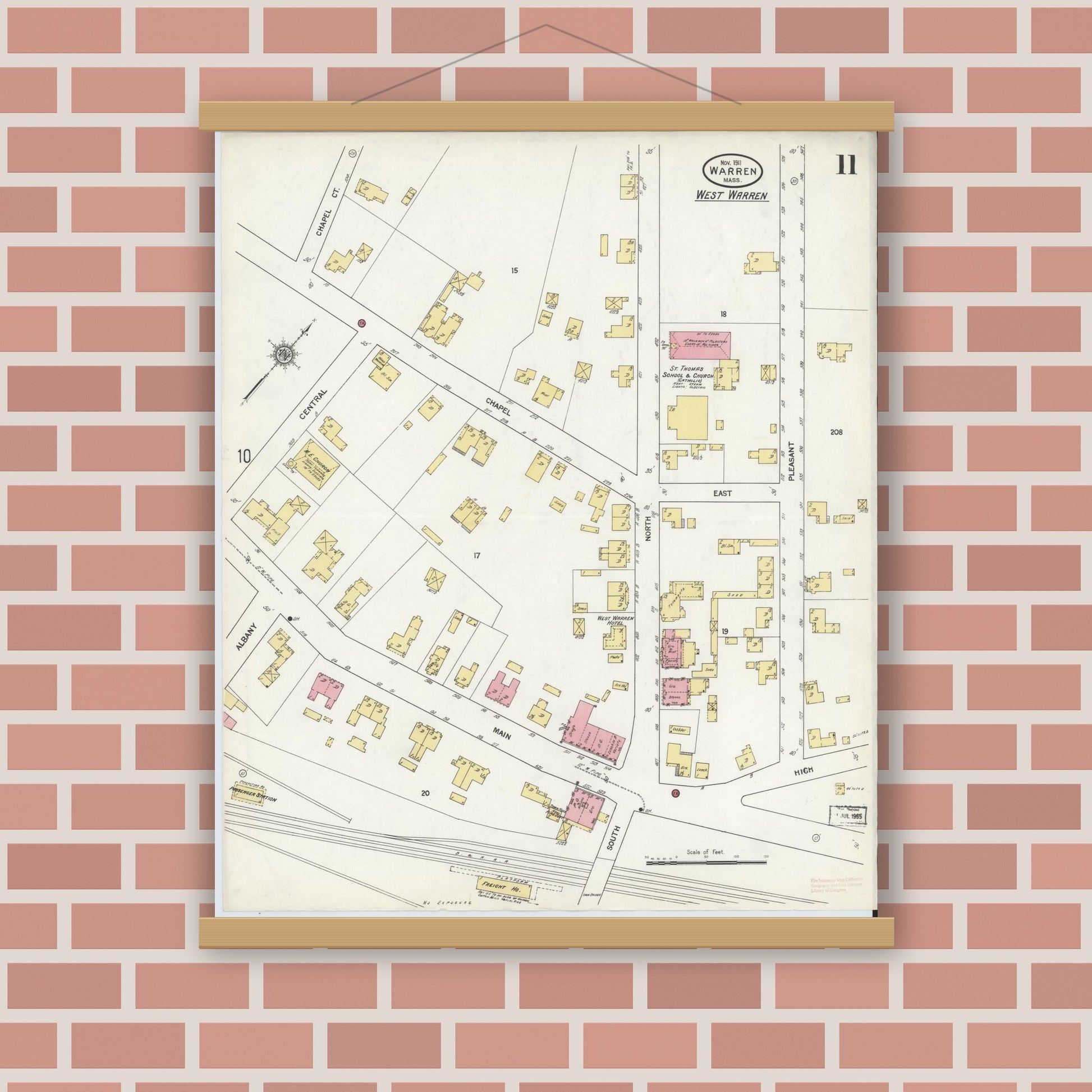 Old map wall art mockup — magnetic wood frame on brick wall — Sanborn Fire Insurance Map from Warren, Worcester County, Massachusetts (1911), Sheet #0011