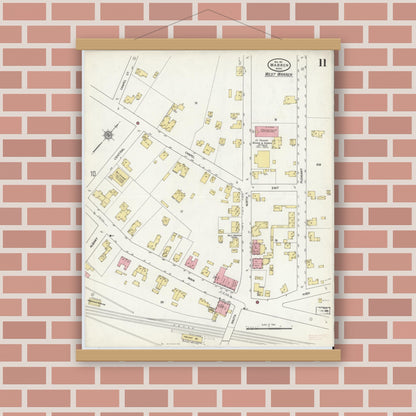 Old map wall art mockup — magnetic wood frame on brick wall — Sanborn Fire Insurance Map from Warren, Worcester County, Massachusetts (1911), Sheet #0011